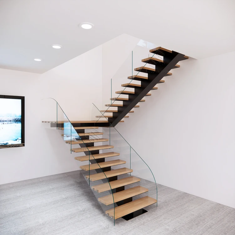 Straight Mono Stringer Steel Staircase With Hardwood Steps And Tempered ...