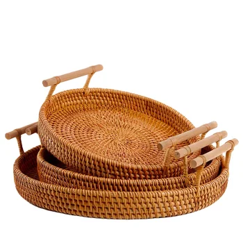 Natural Hand Woven round Plastic Cane Basket Plastic Wicker Bowl Snack Fruit Bread Basket for Drinks and Food