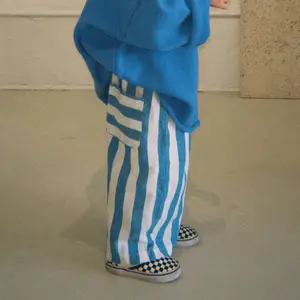 Custom Cotton Linen Blue White Stripe Wide Leg Joggers Kids Toddler Sweatpants Pocket Boy and Girl's Spring Trouser