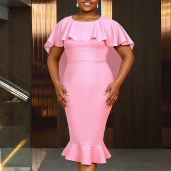 AM050612 Cape Sleeve Sweet Mermaid Evening Dresses Bodycon Plus Size Pink Midi Party Pink Dress for Girls