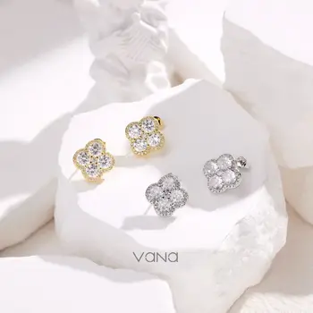 VANA Fine Jewellery S925 Lucky Four-Leaf Clover Stud Earrings Gold Plated 925 Sterling Silver Cubic Zircon Clover Jewelry Set