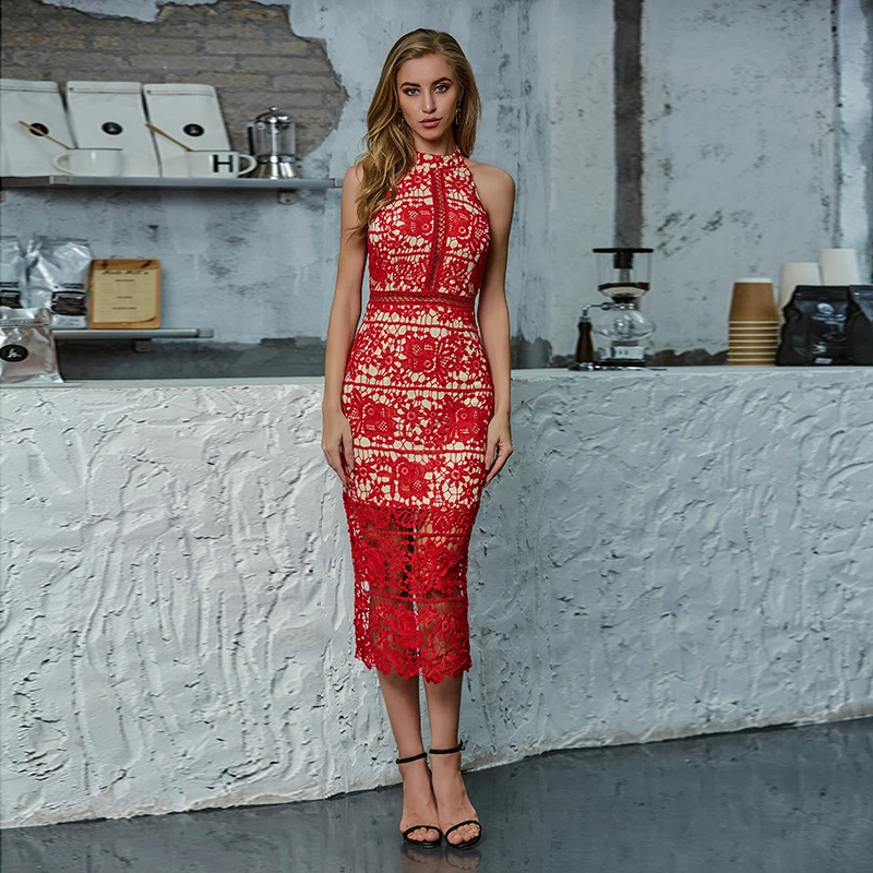 open lace back dress Red on Red Midi Bodycon Dress Long Sleeves Rhinestones Details Sexy Ba –  Mirandas Boutique LLC main image 0