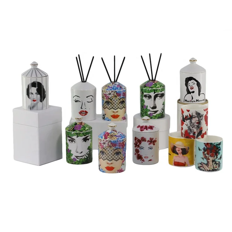 Wholesale Custom Printed Lady Face Luxury Ceramic Scent Candle Holder Container Jar with Lids envases para velas factory