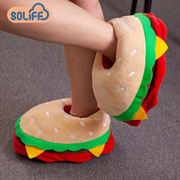 Hot Selling Stuffed Food Home Shoes Warm Women Gifts Furry Inner Plush Hamburger Fries Pizza Bread Slippers