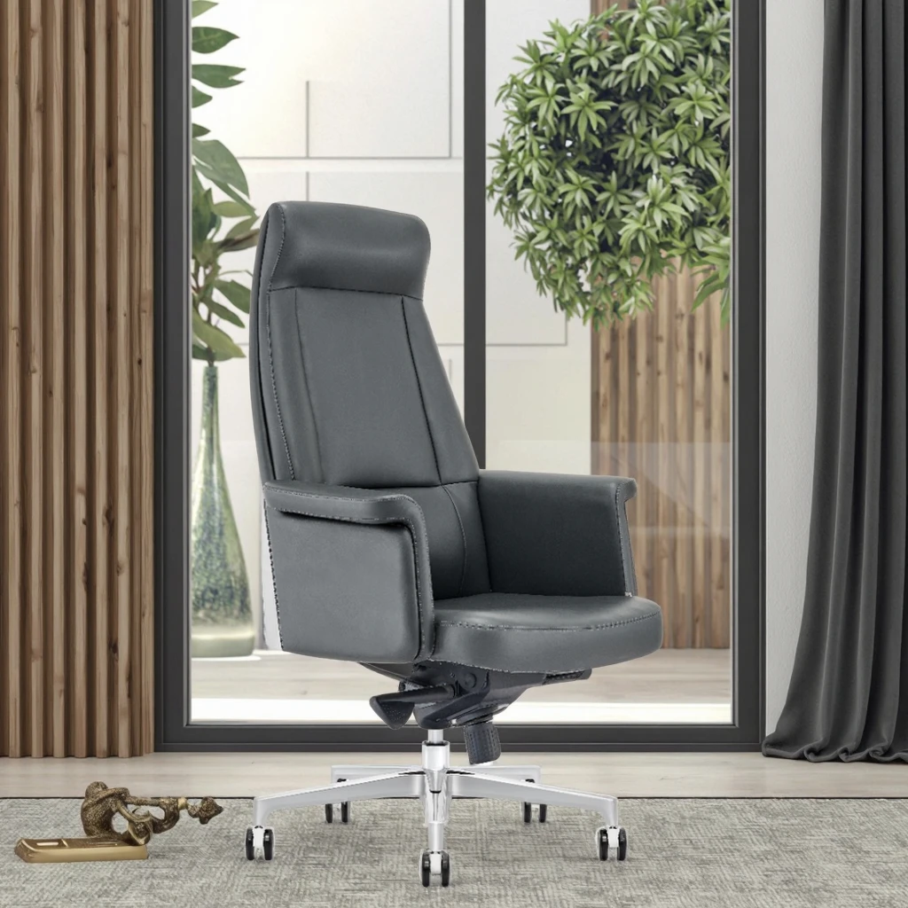 Top Grain Leather Executive Chair Frosted Alloy Base Quadruple Locking Mechanism High-End Decor 2