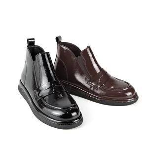 Women's Black Patent Leather Chelsea Ankle Boots - Round Toe Elastic Panel Slip-On Fashion Booties