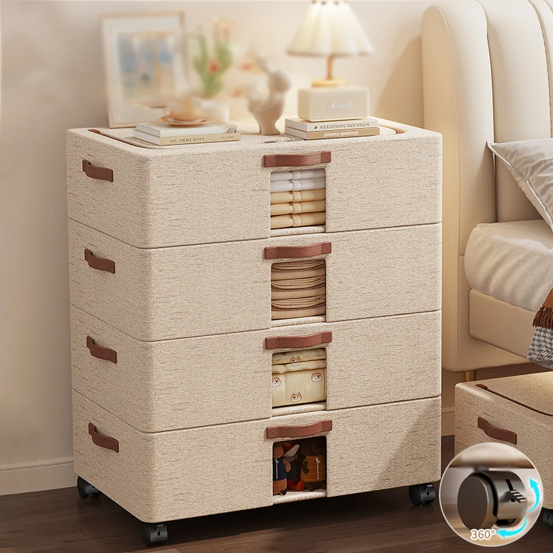 Cotton and Linen Bed Bottom Storage Box with Pulley,flat Moisture-proof Artifact,large Capacity,Clothes and Quilt Under the Bed