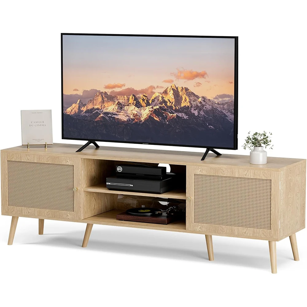 Modern Media Console for TVs up to 65'' Entertainment Center with Rattan Door 2 MDF Cabinets for Living Room Bedroom