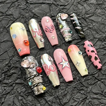 MY Wholesale Custom Press On Nails Ballerina Medium Coffin Heart Pearl French Tip Nails Manicure Acrylic Stick On Nails