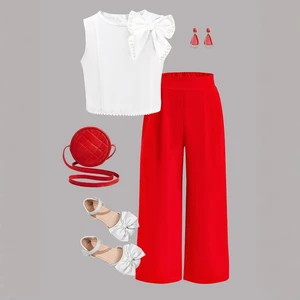 Summer Korean Fashion Clothes 2026 Pearl Bow Sleeveless T Shirt Straight Trousers Kids 2 Piece Set Girls Children Clothing