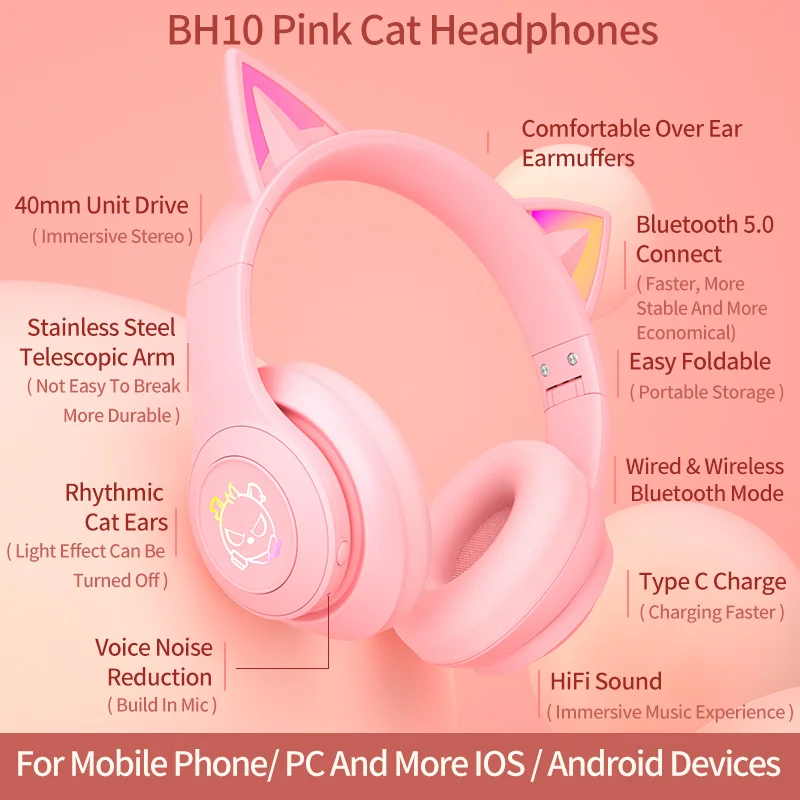BH10-S New Arrivals Christmas Gifts Moving RGB Light Cat Ears Wireless Bluetooth Pink Cat Headphones For Girl