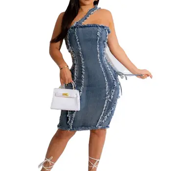 Plus Size S-3Xl Jeans Casual Cani Dress Ladies Solid Color Summer Lace Up 2024 Women Cotton Dresses