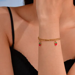 Women Jewelry Stainless Steel Charm Bracelet Cute Cherry and Strawberry Pendant Bracelets