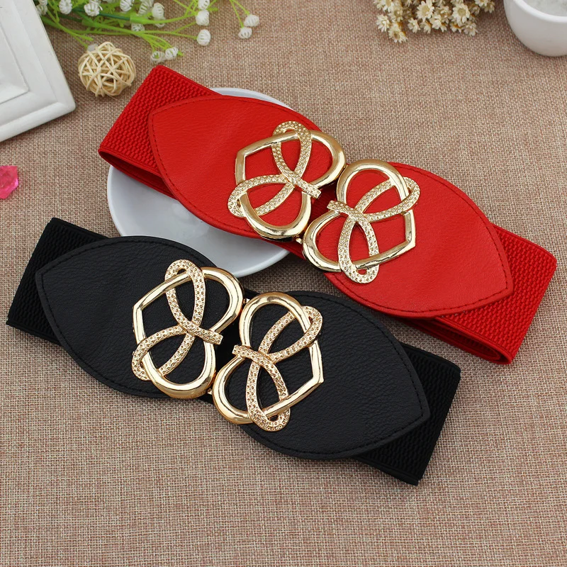 PU Leather Elastic Wide Heart Buckle Belt for Women