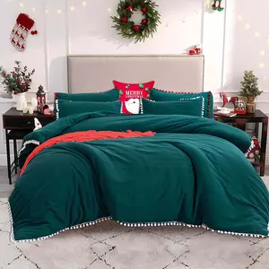 Solid Green Christmas Bedding Sets Pom Duvet Cover Farmhouse Microfiber Bedding Comforter Duvet Cover Set