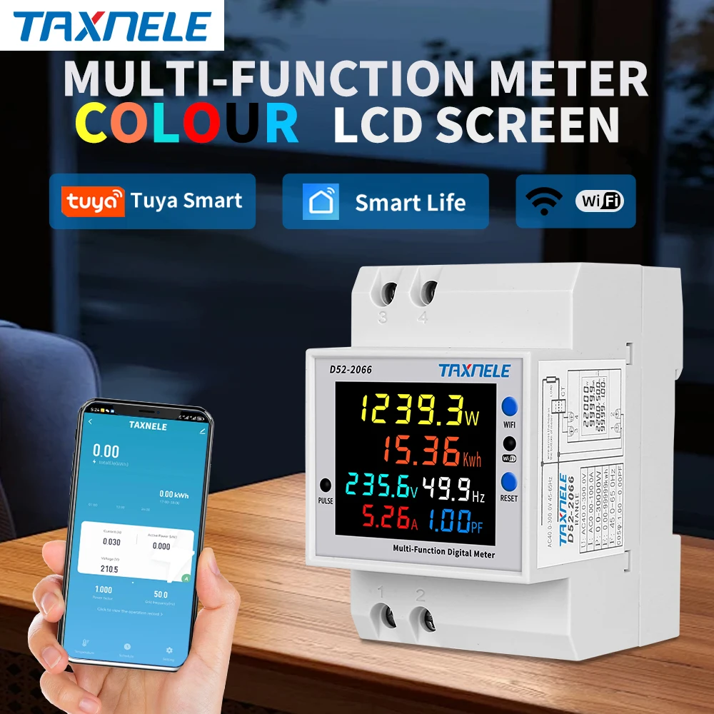 TUYA WiFi Monitor Energetico 6 In 1 D52-2066 - 100A Con CT Esterno - 110V/220V - Fattore Di Potenza E KWH - 3