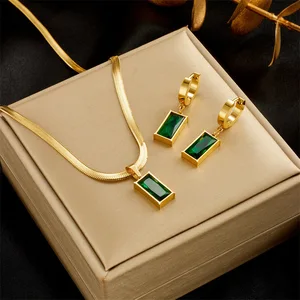 Hot Selling Women's Trendy Chunky Flat Snake Chain Emerald Crystal Stone Chokers Necklace Drop Earrings Versatile Jewelry Set