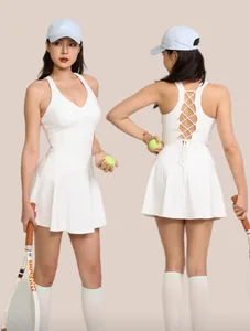 Simple Sexy Women Outdoor Sports Jumpsuit Golf V-neck One-piece Tennis Golf Wear Back Hollow Fitness Bodysuit with Chest Pad