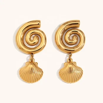 Dingran Ocean Style Jewelry 18K PVD Gold Plated Stainless Steel Conch Shell Patchwork Drop Earrings