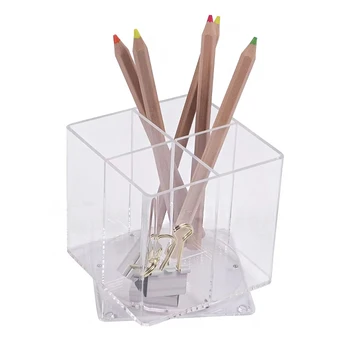Desktop 4 Compartments Rotating Clear Acrylic Pencil Organizer for Office Square Acrylic Spinner Pen Holder for Stationery Shop