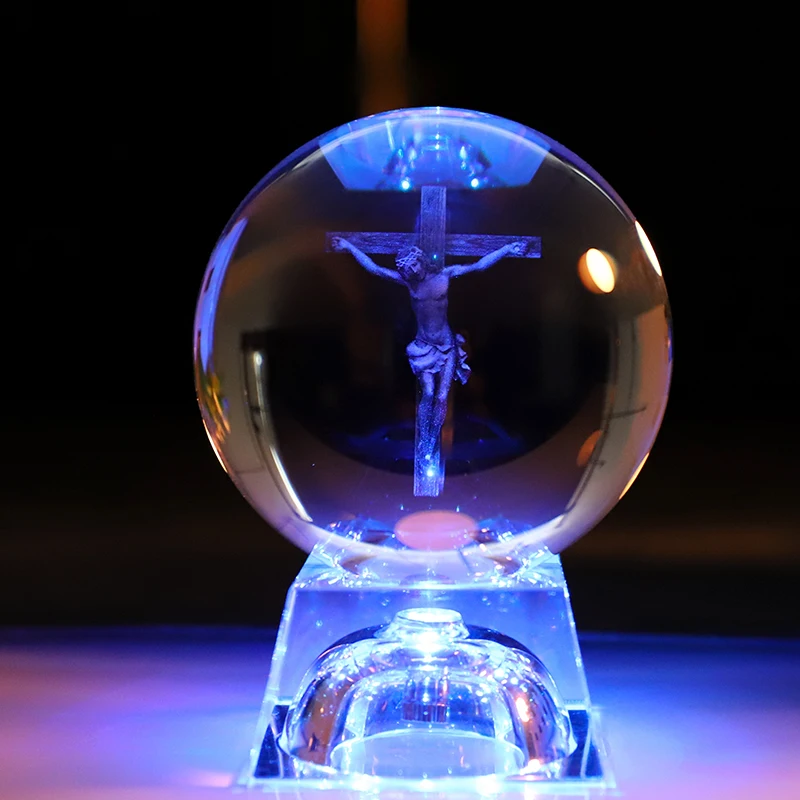 Hot Sale 80mm Baptism 3D Laser Crystal Ball With Led Light Base factory