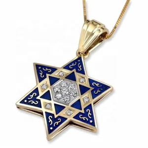 Blue Enamel Hexagonal Men's PVD Gold Plating Necklace Star of David Men Necklace Stainless Steel