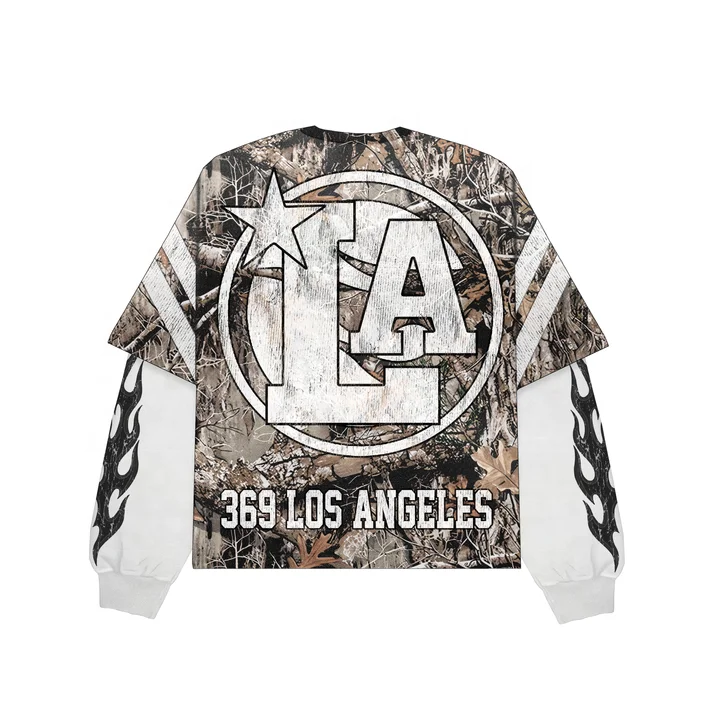 Custom Streetwear Cotton Boxy Tee Print Jersey Tshirt Baggy Camo Real Tree Camo Shirts Double Layer Long Sleeve T-shirts for Men gallery 4
