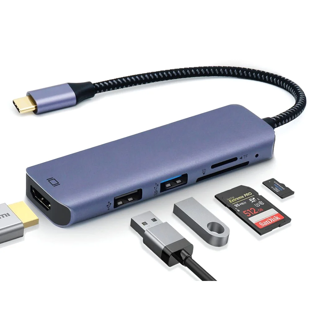 5 в 1 USB-C Hub адаптер переменного тока TF/SD кард-ридер USB-2.0 USB-3.0 USB Type-C на HDMI совместим с 3 ноутбуки