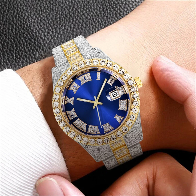 Stainless Steel Men's Gold Wrist Watch Large Rhinestones Diamond Men's ...
