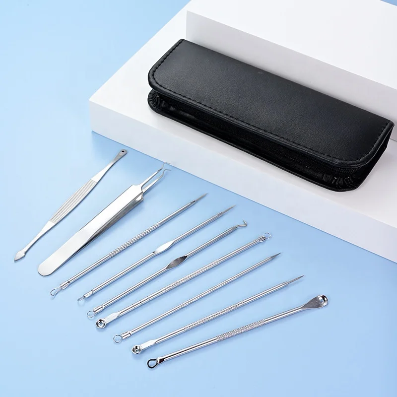 Blackhead Remover Comedone Extractor,Curved Blackhead Tweezers Kit,9