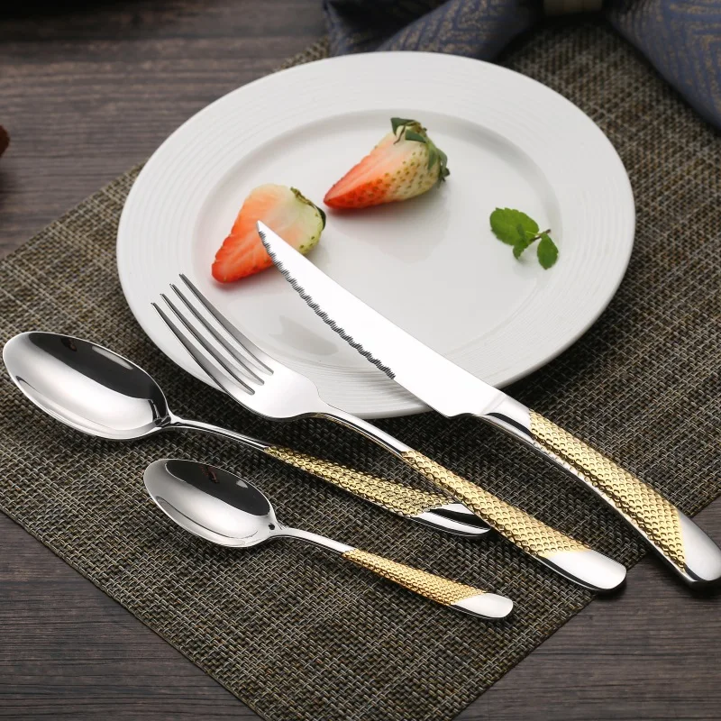 Modern Embossed Handle Knife Fork Spoon Silverware Luxury Flatware Stainless Steel Gold and Silver Cutlery Set for Restaurant