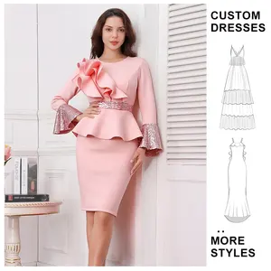 Custom Round Neck Flare Sleeve Dress Women Party Ruffle Sequins High Waist Dresses Casual Clothing Fashion Style Casual Dresses