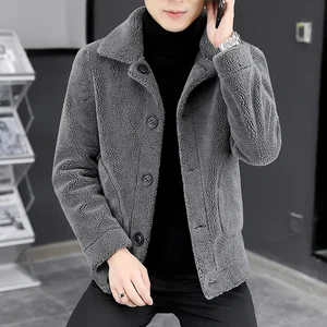 Winter Thick Casual Fur Lining Jacket Solid Color Single Breasted Leather Faux Fur Coat for Men