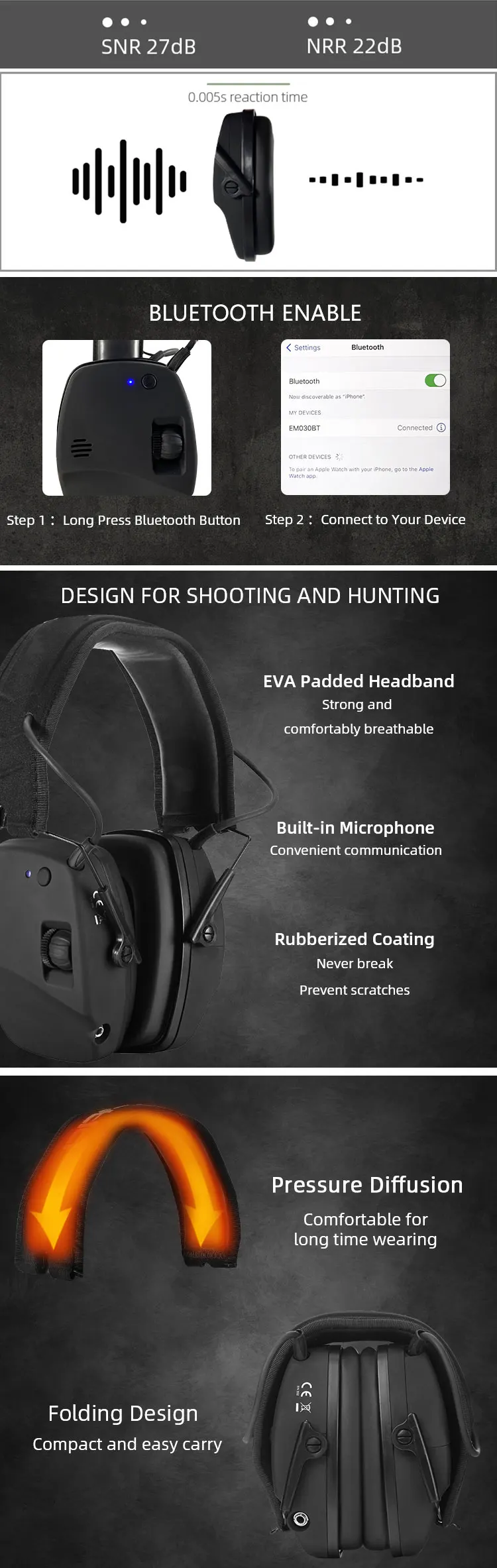 Wholesale Prohear Em030 Tactical Shooting Muffs With Bluetooth
