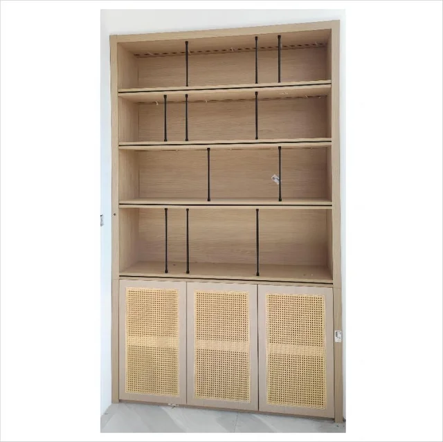 French modern light luxury bookcase simple fashion study and living room carved wood rattan bookcase Rattan Craft Door Cupboards