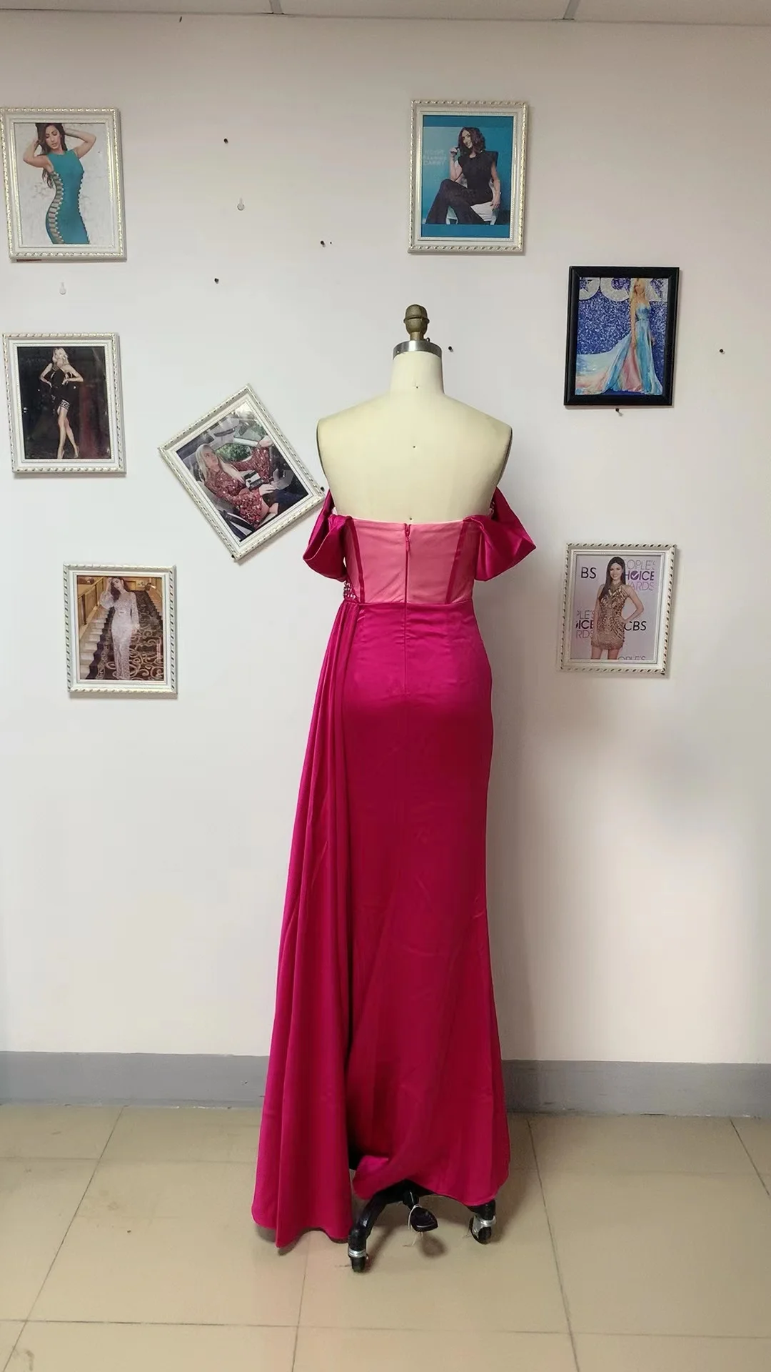 Hot Pink Fashion Silk Luxury Off Shoulder Rhinestone Corset Prom