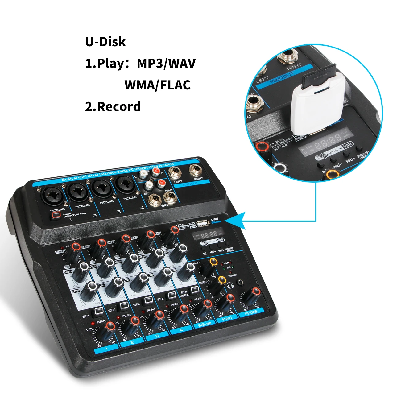 Depusheng U6 Mini Audio Mixer - 6 Channel USB Mixing Console for