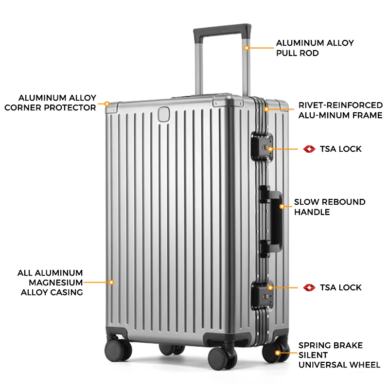 High-End Carry-On Case New Design Full Aluminum Suitcase with Brake Spinner Wheels Anti-Theft Modern Style Luggage 20 Inch