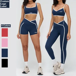 New Arrival Customized Color Clashing Sportswear Set Female Running Tights Cross Waist Yoga Wear Sports Outdoor Fitness