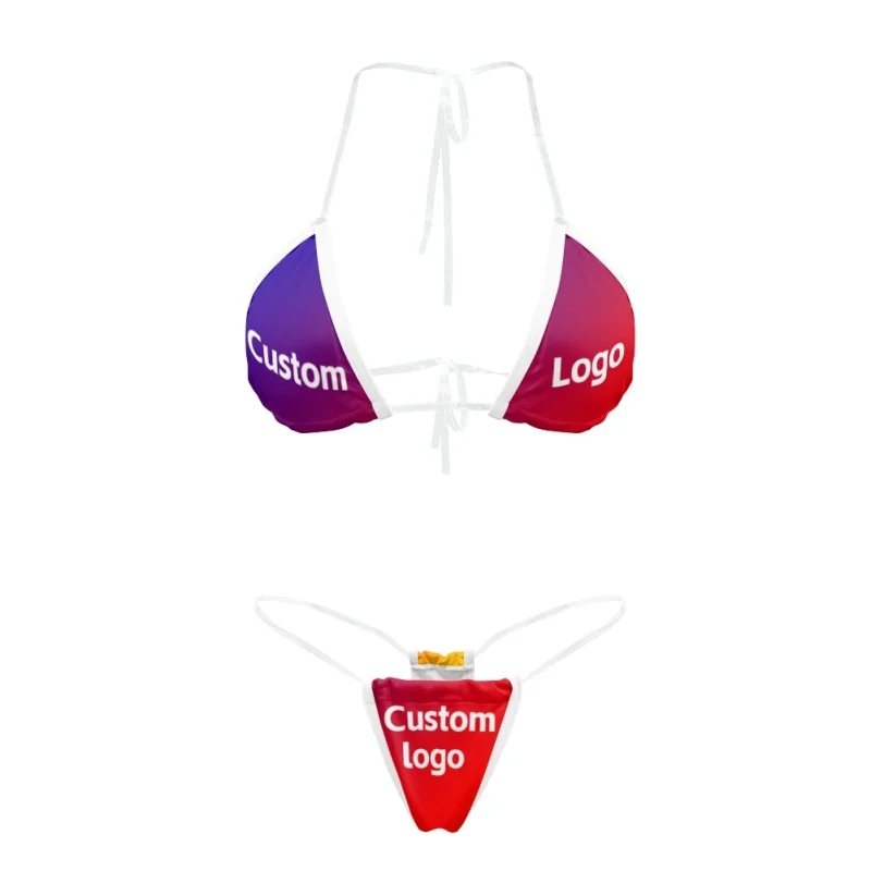 2024 Print on Demand Swimsuit With Three Point Custom Logo Swimwear Transparent Shoulder Straps Bikini Thong Set Dropshipping