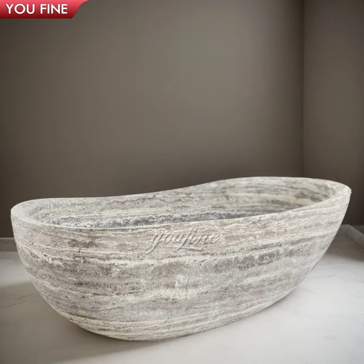 大理石オブジェ Handmade Oval Natural Antique Stone Bathtub - Freestanding Marble