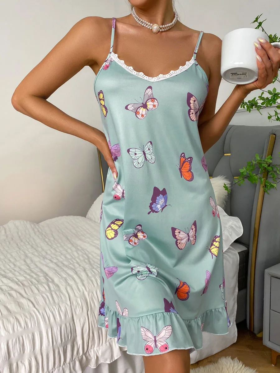 2023 Summer Night Dress Butterfly Printed Ruffled Edge Cute Night Gown
