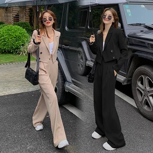 Rt434 Korean Style Blazers Set 2022 Two Piece Suit High Quality Cropped Button Blazer+ Waist Long Office Pant