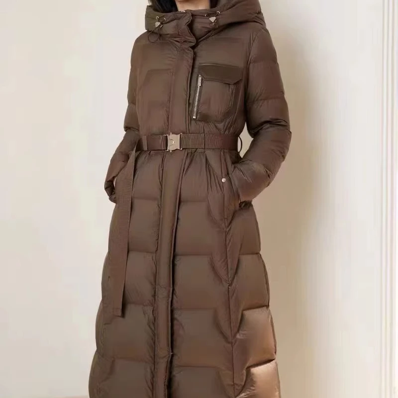 High Quality Women's Winter Parka Long Puffer Down Jacket with Hooded Collar Belt Thick Warmth Quilted Windbreaker Outdoor Coat