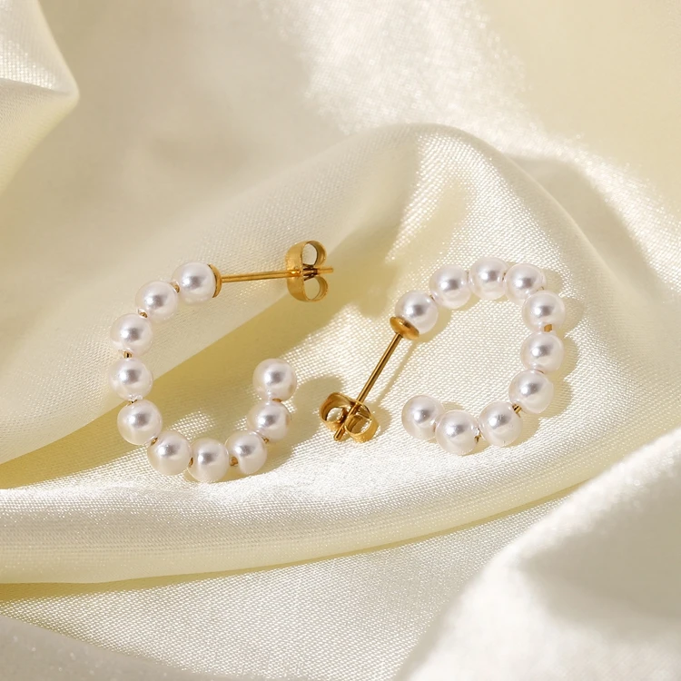 New 18k Gold Plated Stainless Steel Pearl Beaded C Shape Hoop Earrings