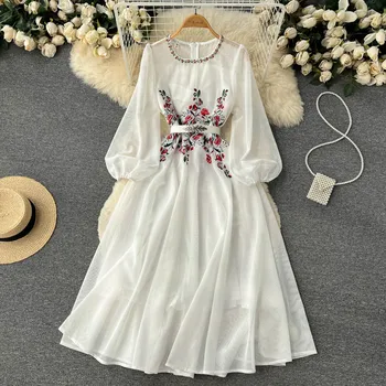 Alternative view of Chic Stand Collar Hollow Out Embroidery Dress High Waist A-line Large Skirt Retro Tea Dress