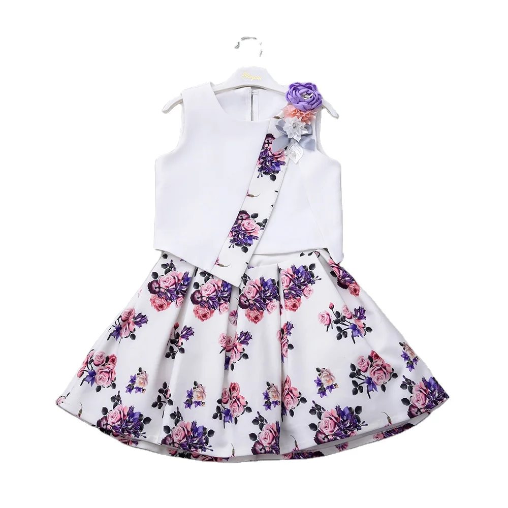 New Arrival Summer Fashion Sleeveless Pattern Blouse and Skirt Children Cloth Top& Skirt Girl Clothing Set With Solid Flower