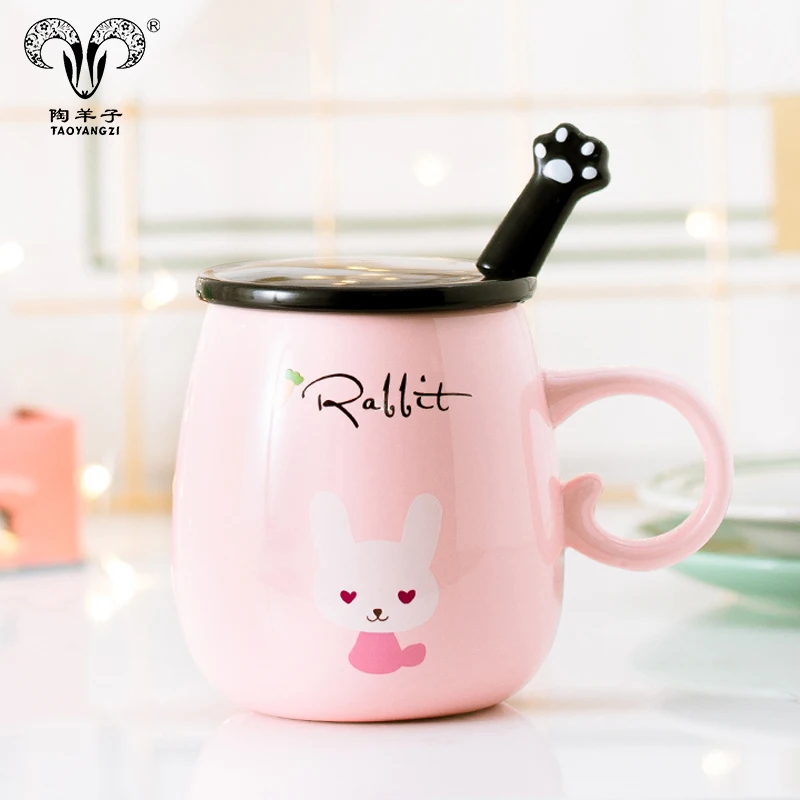 Lot De 2 Tasses Chat Mignones Céramique - 500ml Avec Couvercle Bambou Et Cuillère Poisson - Cadeau Kawaii