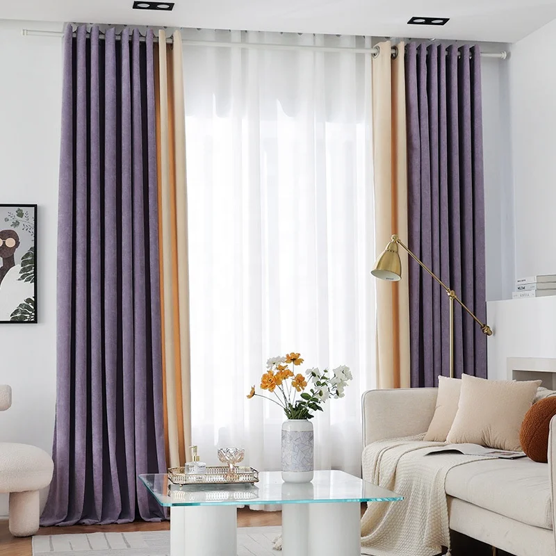 French Simple Solid Color Velvet Blackout Curtains for Bedroom Cream Patchwork Design Ready Made Curtains