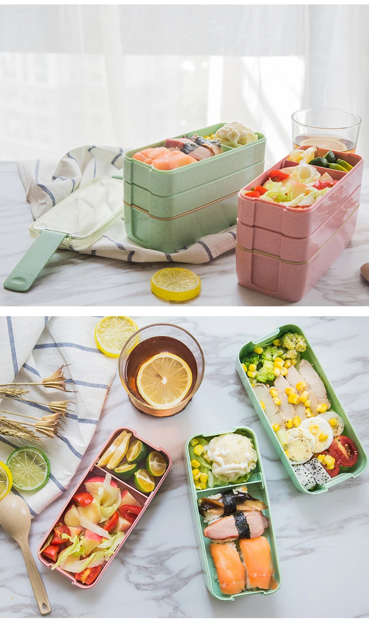 900ml Healthy Material Lunch Box 3 Layer Wheat Straw Bento Boxes